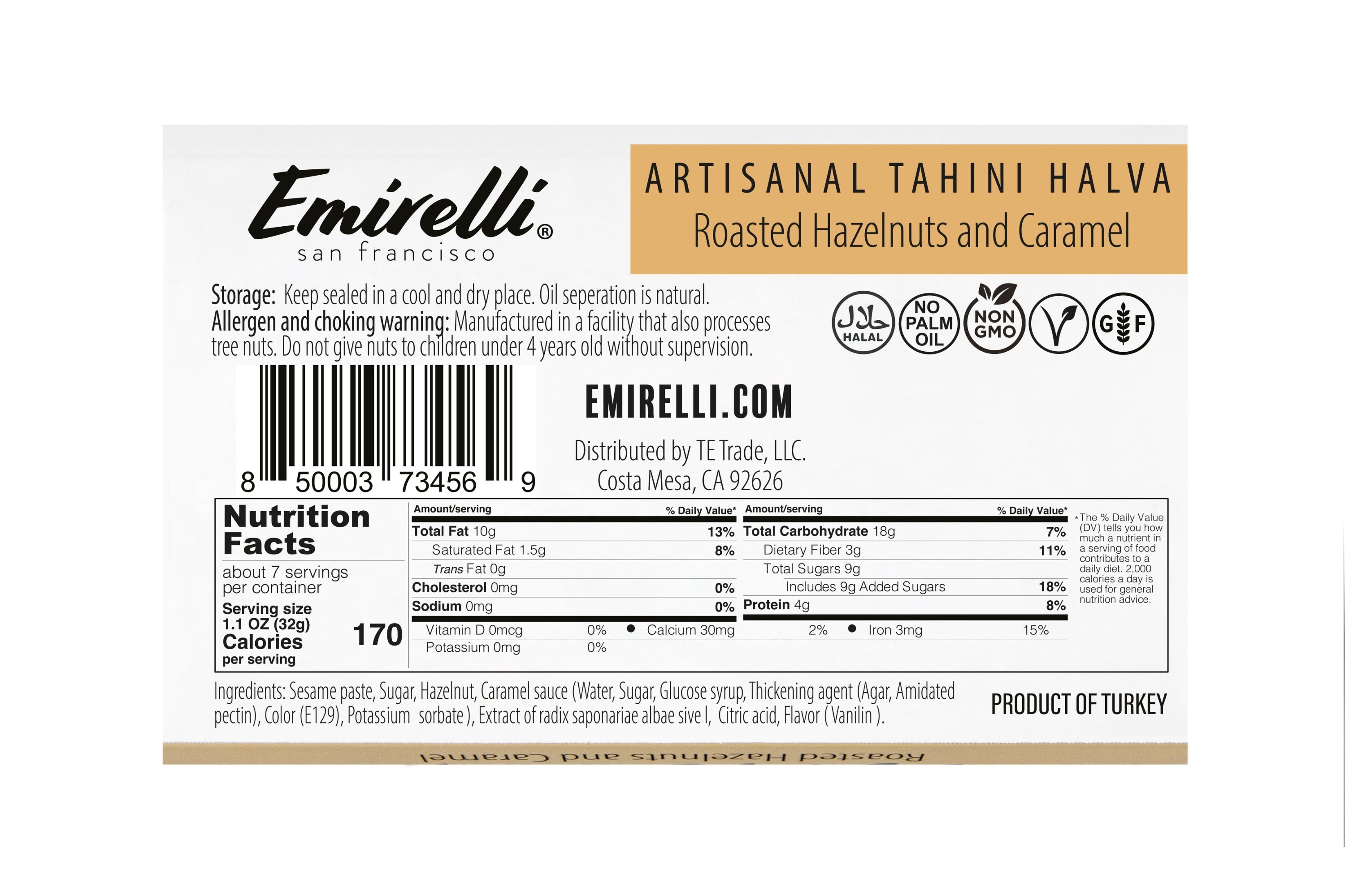 Emirelli Artisanal Tahini Halva Dessert - Roasted Hazelnuts & Caramel